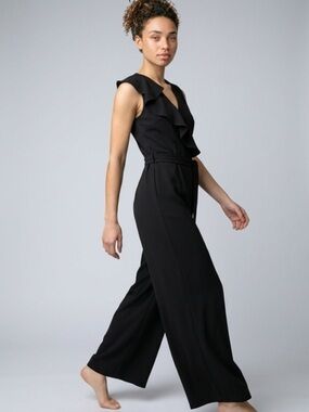 Thalia Sodi Black Ruffle V-Neck Wide-Leg Jumpsuit